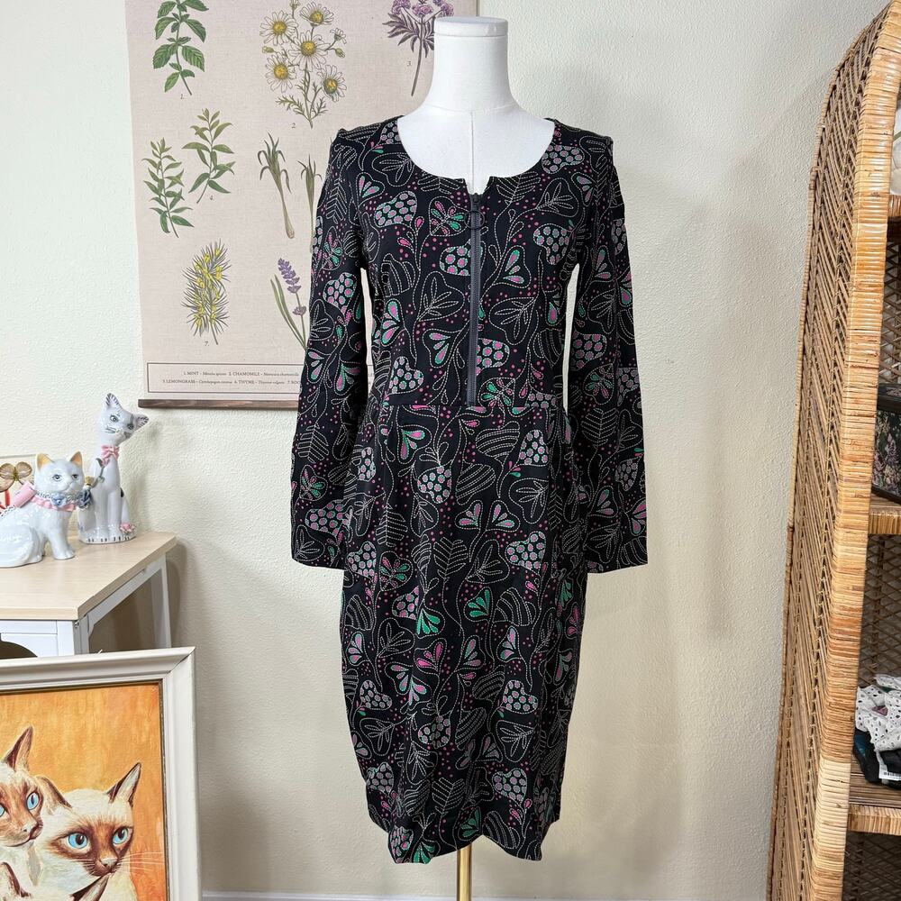 Gudrun Sjoden Tricot Floral Leaves Pockets 1/4 Zip Long Sleeve Cotton Dress S